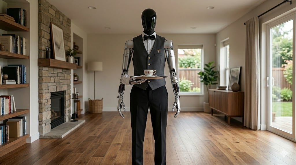 Humanoider Roboter in Weste mit Fliege als Butler im Wohnzimmer