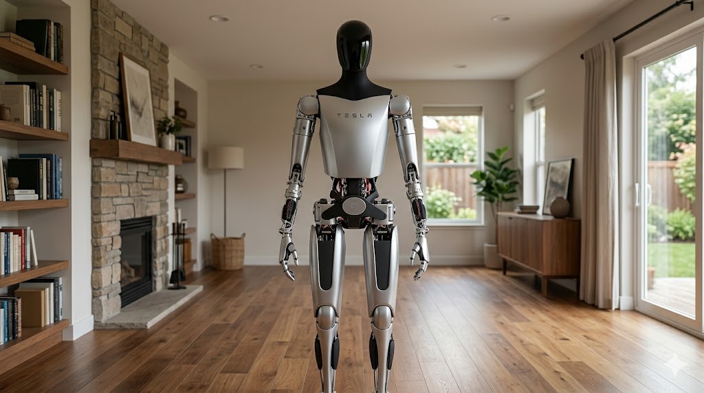 Humanoider Roboter ohne Bekleidung in einem Wohnzimmer