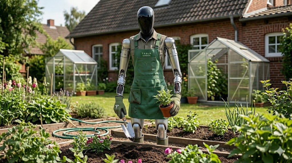 Humanoider Roboter mit Gartenschürze und Handschuhen im Garten