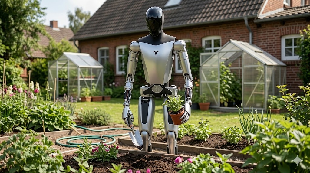 Humanoider Roboter ohne Bekleidung in einem Garten