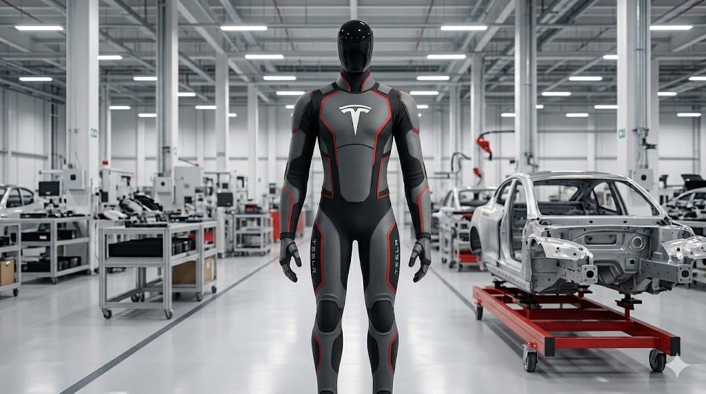 Humanoider Roboter im funktionalen Techsuit in einer Werkstatt