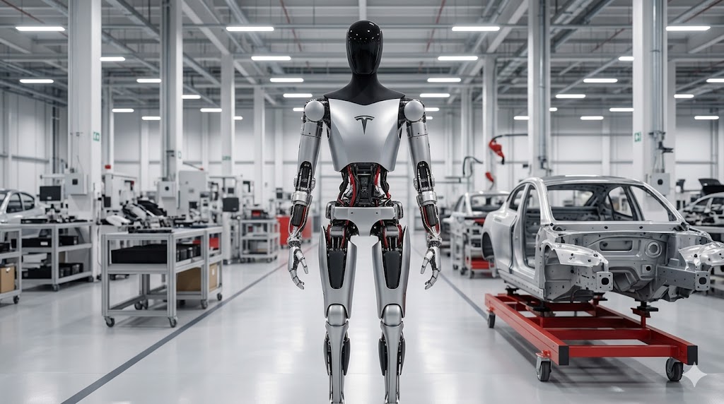 Humanoider Roboter ohne Bekleidung in einer Werkstatt