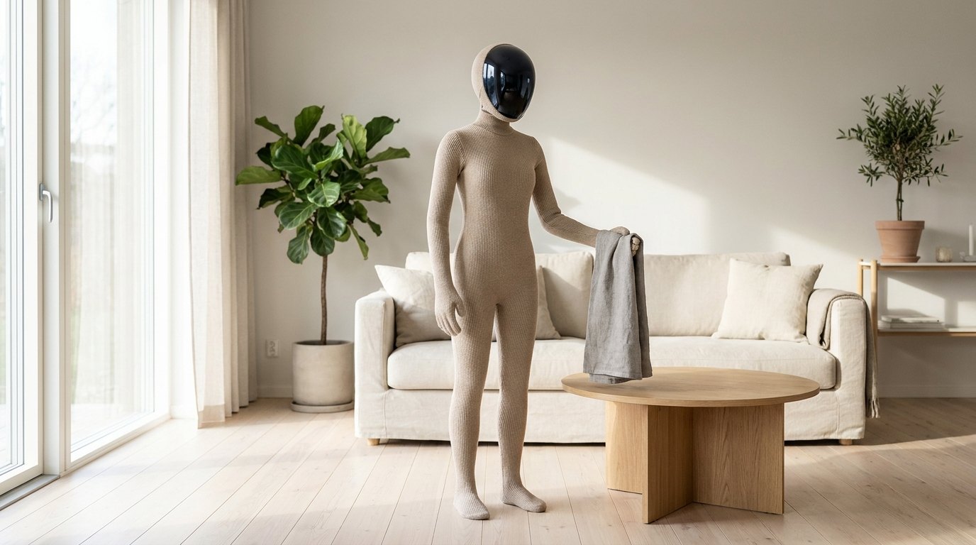 Humanoider Heimroboter mit weicher Textilhülle in einem hellen Wohnraum, Sinnbild für den 1X NEO Haushaltsroboter