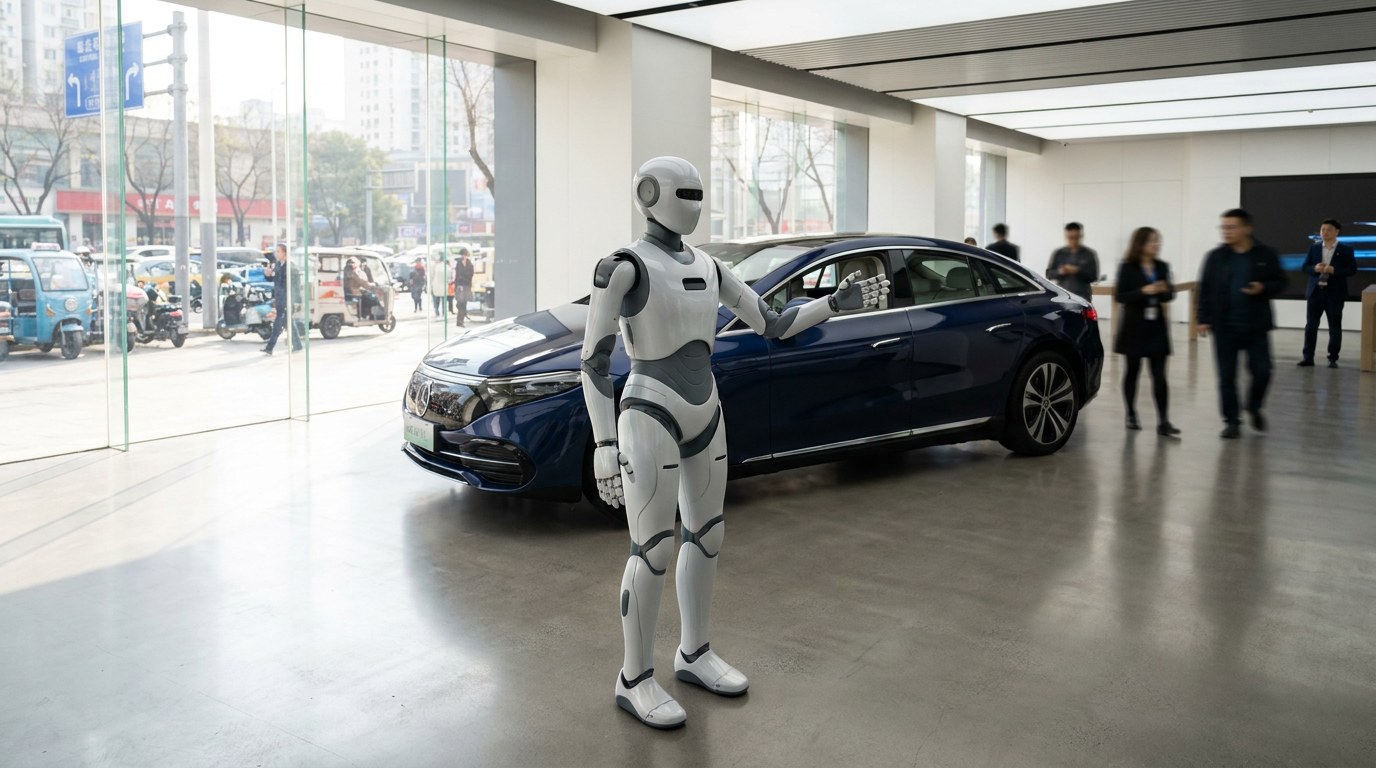 Humanoider Serviceroboter in einem hellen Elektroauto-Showroom, der auf eine Limousine zeigt