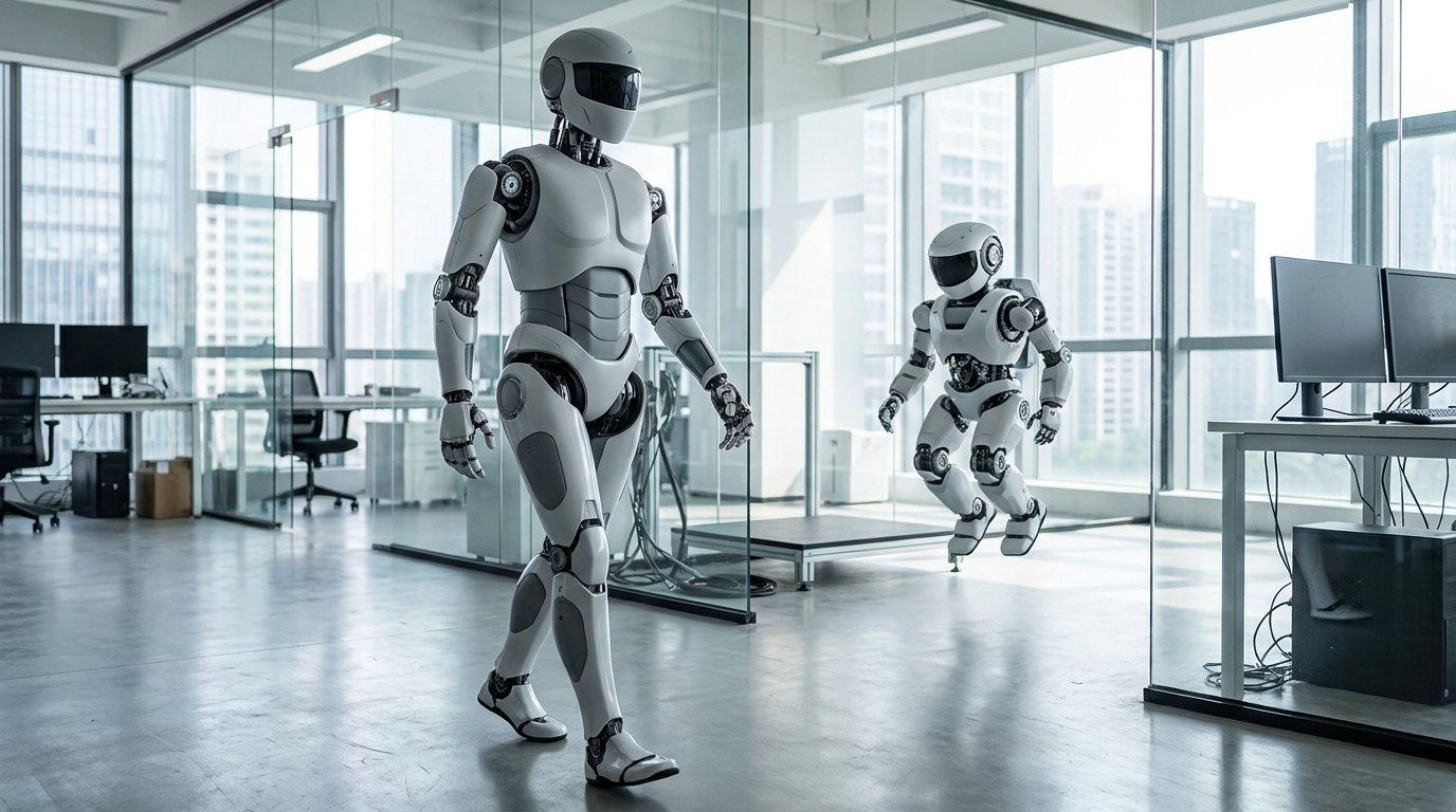 Zwei humanoide Roboter von EngineAI in einem hellen Robotiklabor, einer laufend, einer in Bewegung