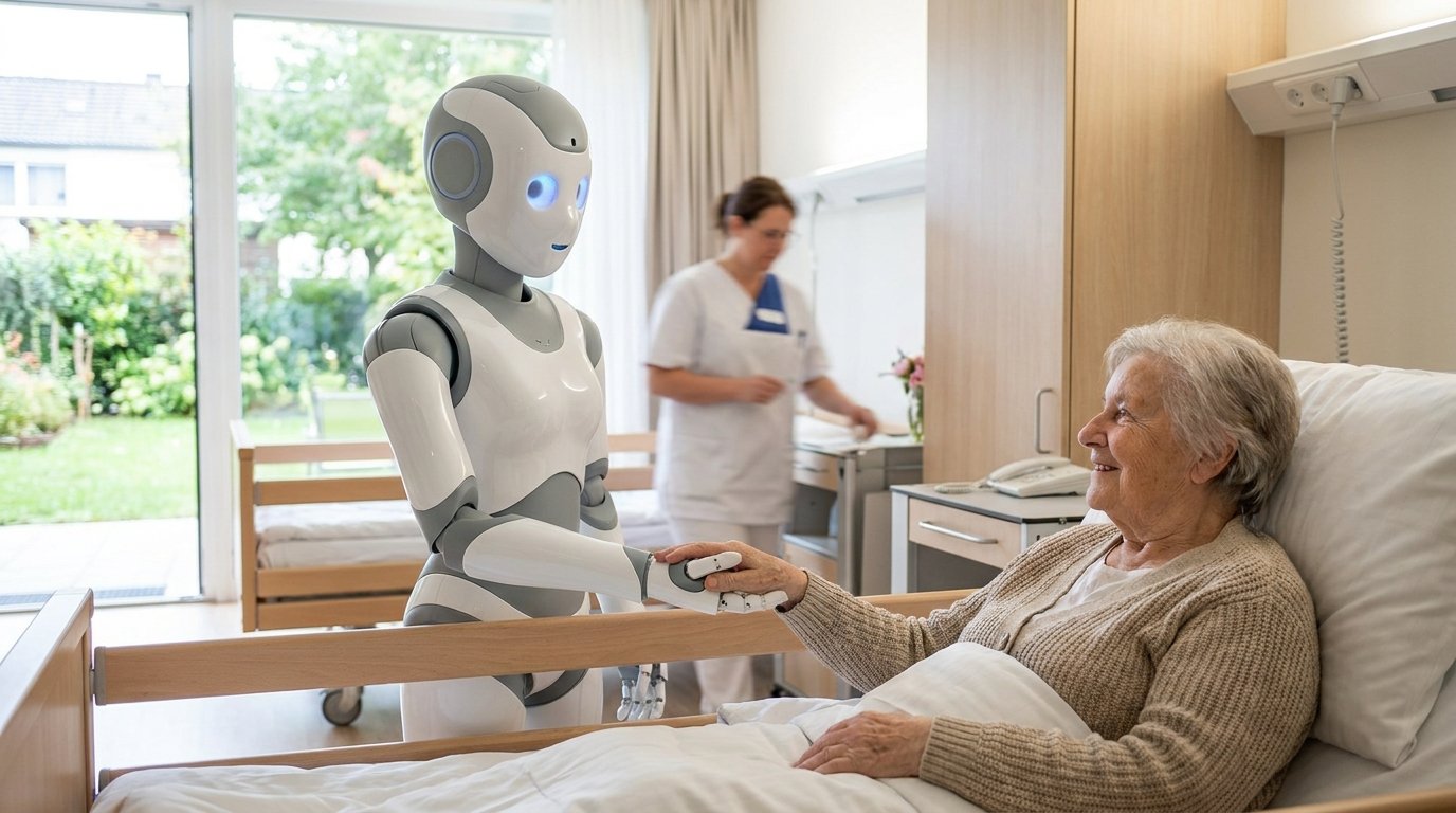 Humanoider Pflegeroboter unterstützt eine ältere Patientin in einer modernen Pflegeeinrichtung