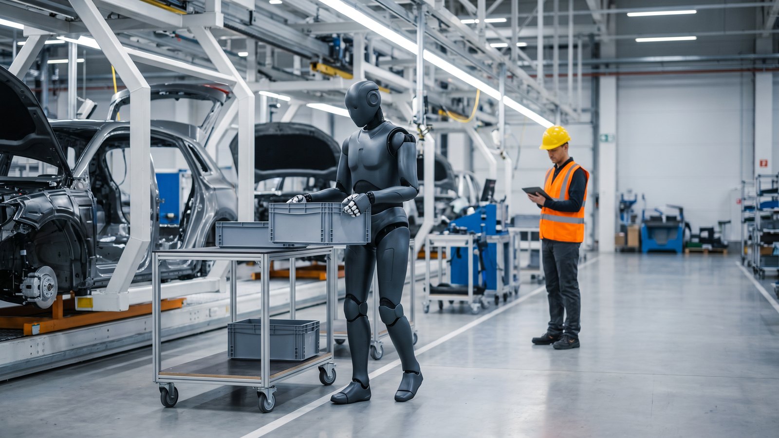 Dunkelgrauer humanoider Roboter trägt eine Kunststoffkiste zu einem Rollwagen an einer Fahrzeug-Montagelinie, daneben prüft ein Mitarbeiter in Warnweste etwas auf einem Tablet