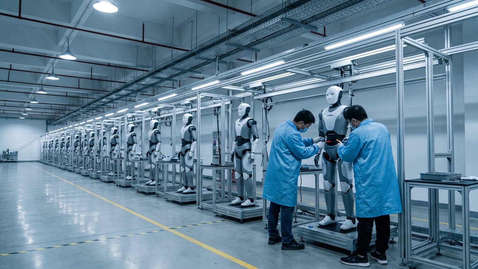 Montagelinie in einer chinesischen Roboterfabrik mit einer langen Reihe humanoider Roboter, an denen zwei Techniker arbeiten