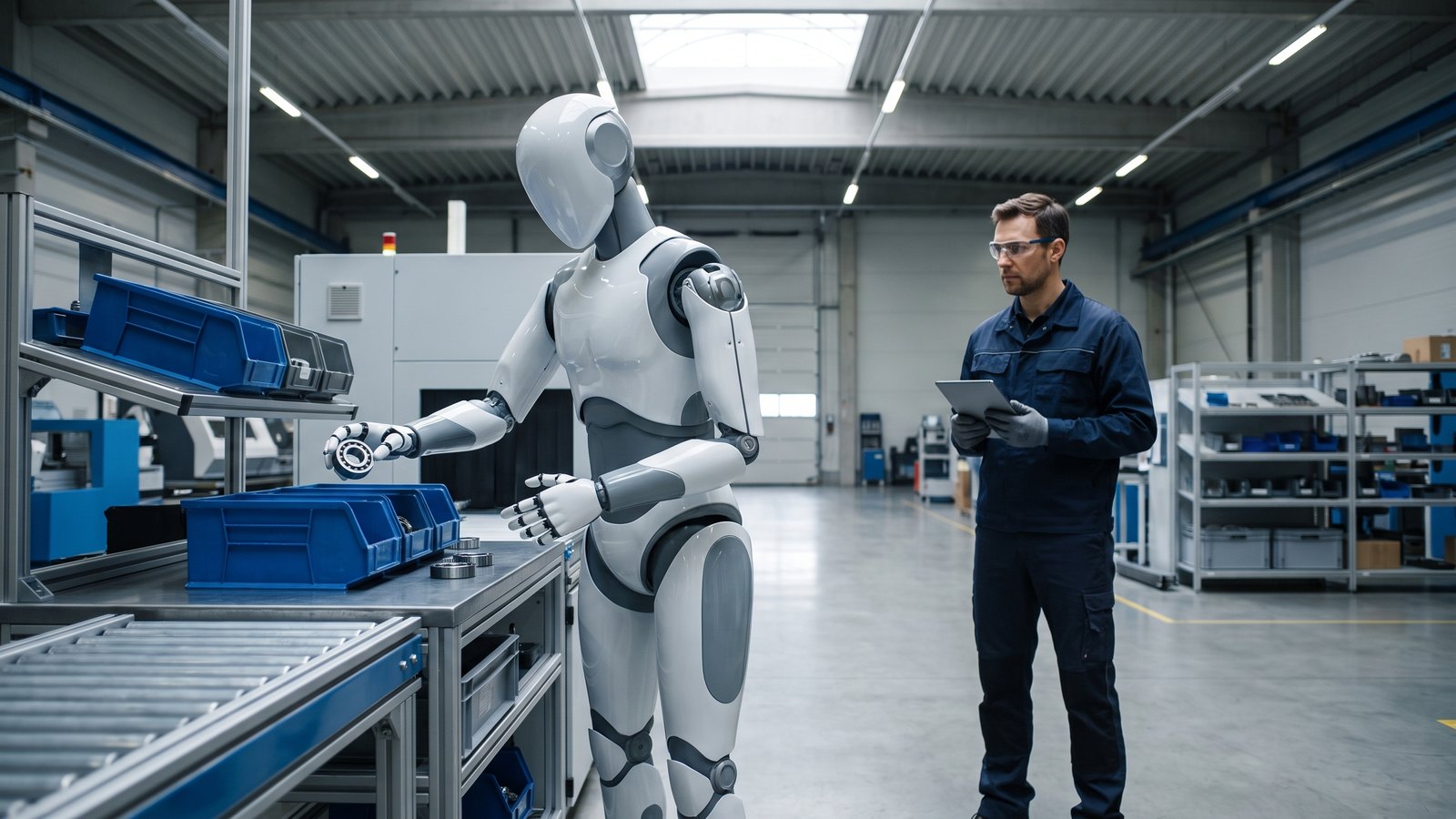 Weißer humanoider Roboter greift in einer europäischen Fabrikhalle ein Kugellager aus einer blauen Kiste, daneben beobachtet ein Ingenieur mit Tablet
