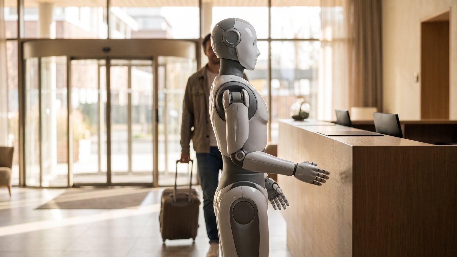 Weiß-grauer humanoider Roboter steht in einer hellen Hotellobby neben dem Empfangstresen, im Hintergrund betritt ein Gast mit Rollkoffer das Haus