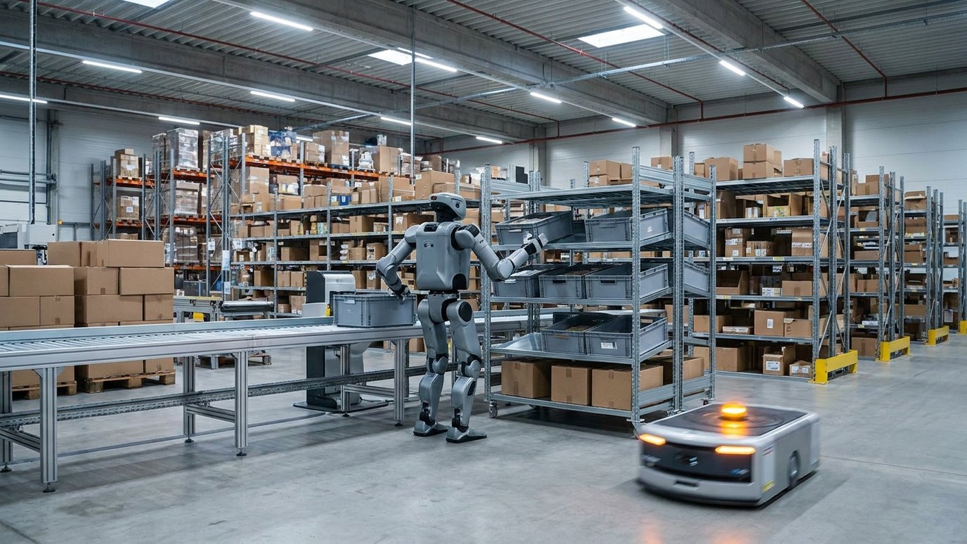 Humanoider Roboter hebt eine Transportkiste vom Förderband in einem Logistikzentrum