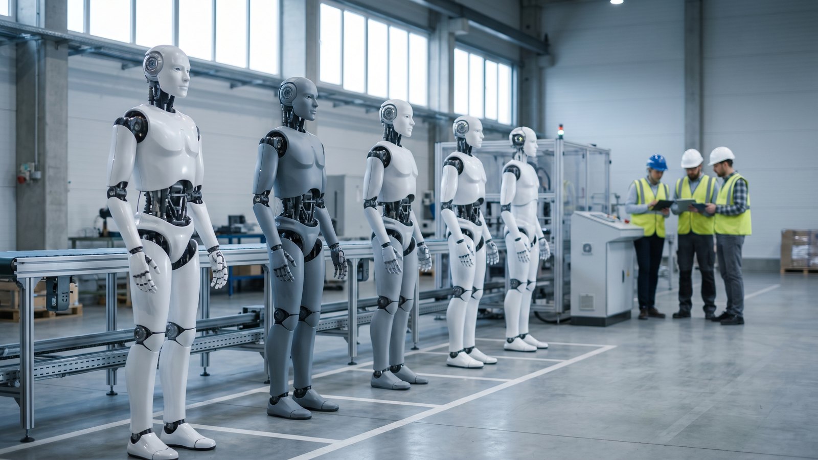 Reihe weißer und grauer humanoider Roboter am Ende einer Montagelinie in einer hellen Fabrikhalle, im Hintergrund drei Techniker mit Tablets