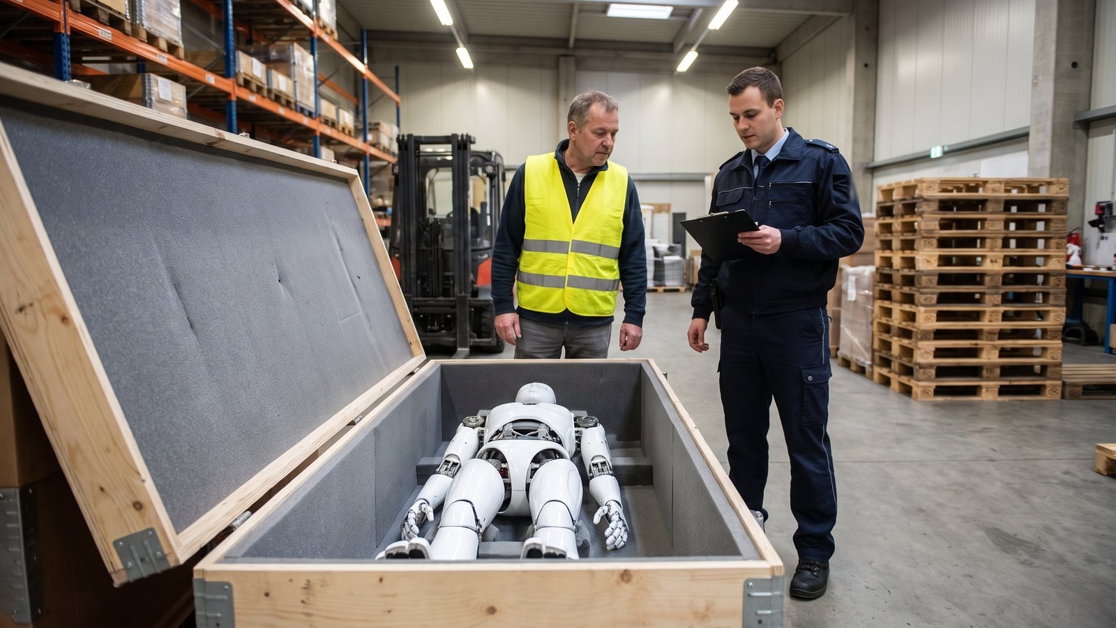 Offene Transportkiste mit einem weißen humanoiden Roboter in einem Lager, daneben ein Mitarbeiter und ein Zollbeamter mit Klemmbrett