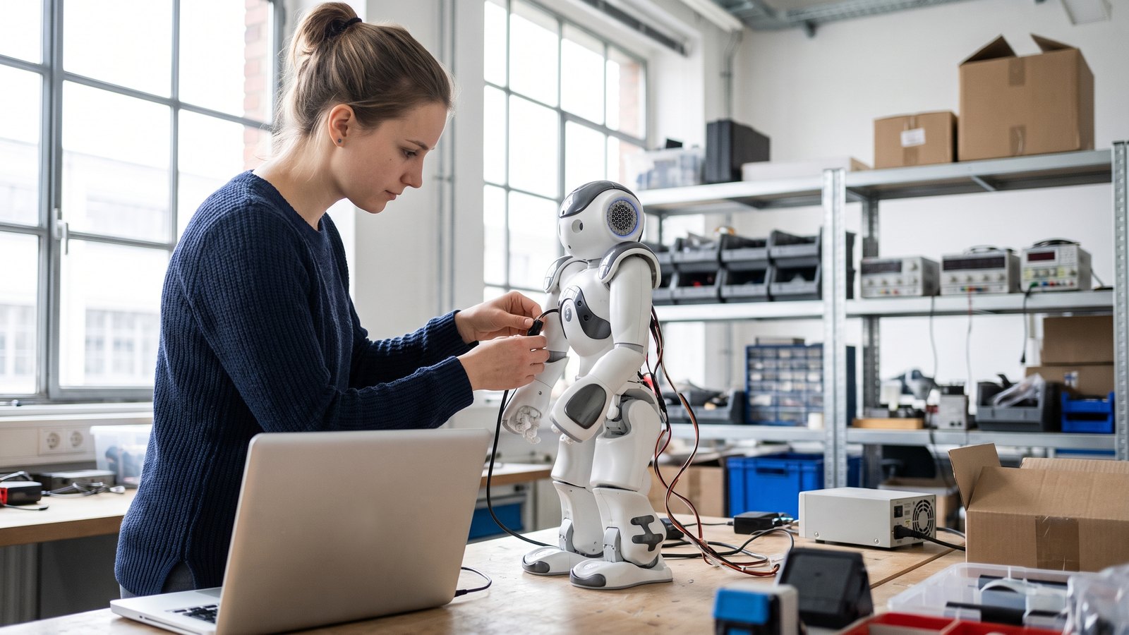 Forscherin verkabelt einen kleinen weißen humanoiden Roboter auf einer Werkbank in einem Robotik-Labor
