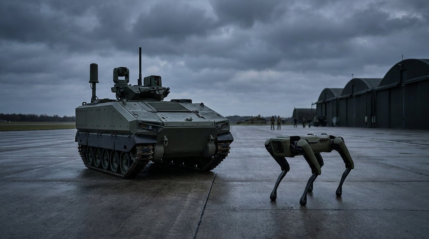 Autonomes unbemanntes Bodenfahrzeug und vierbeiniger Militärroboter auf einem Flugfeld in der Dämmerung