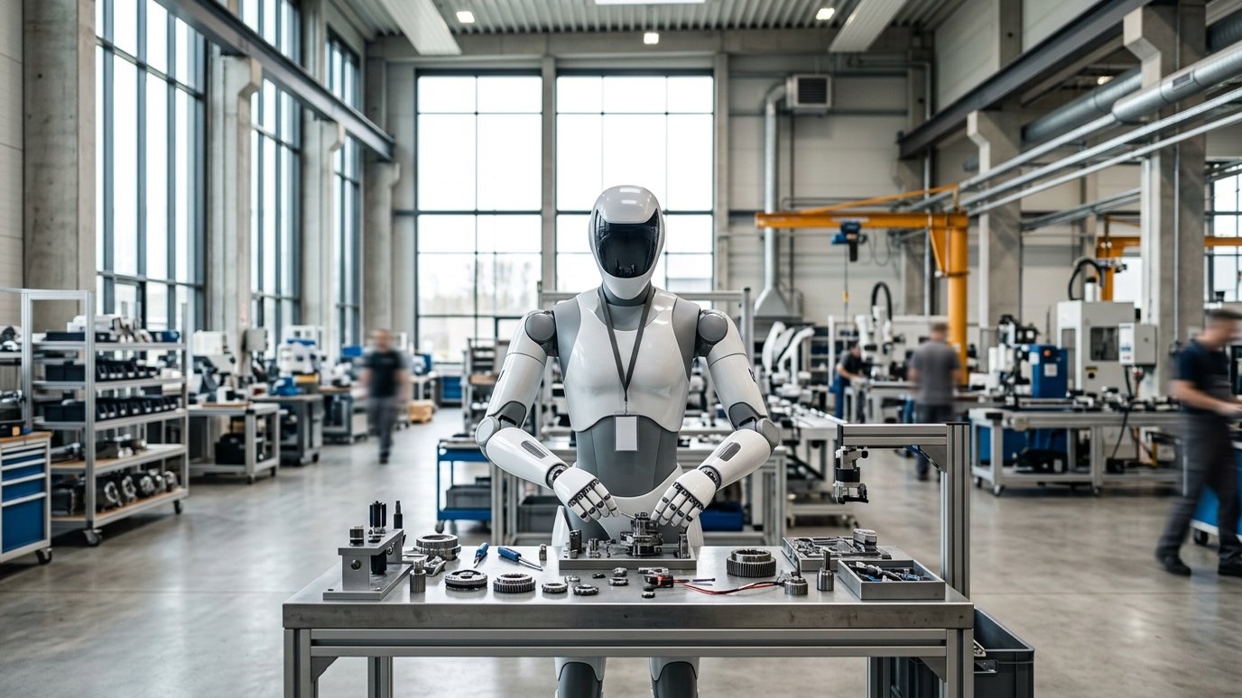 Humanoider Roboter trainiert in einer hellen Industriehalle an einer Montagestation