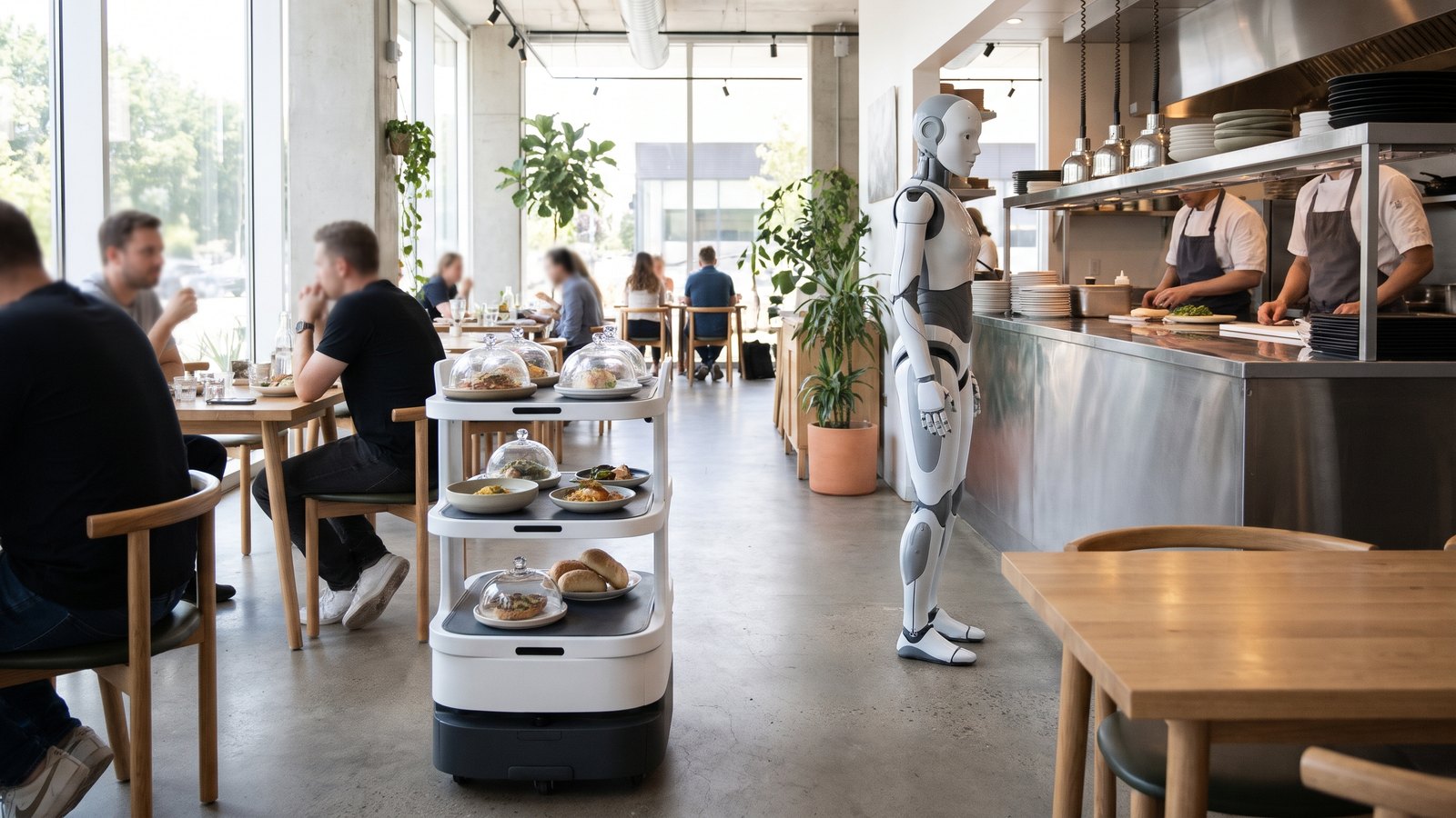 Weißer Serviceroboter mit Servierfächern fährt durch ein helles Restaurant, im Hintergrund steht ein humanoider Roboter am Küchenpass