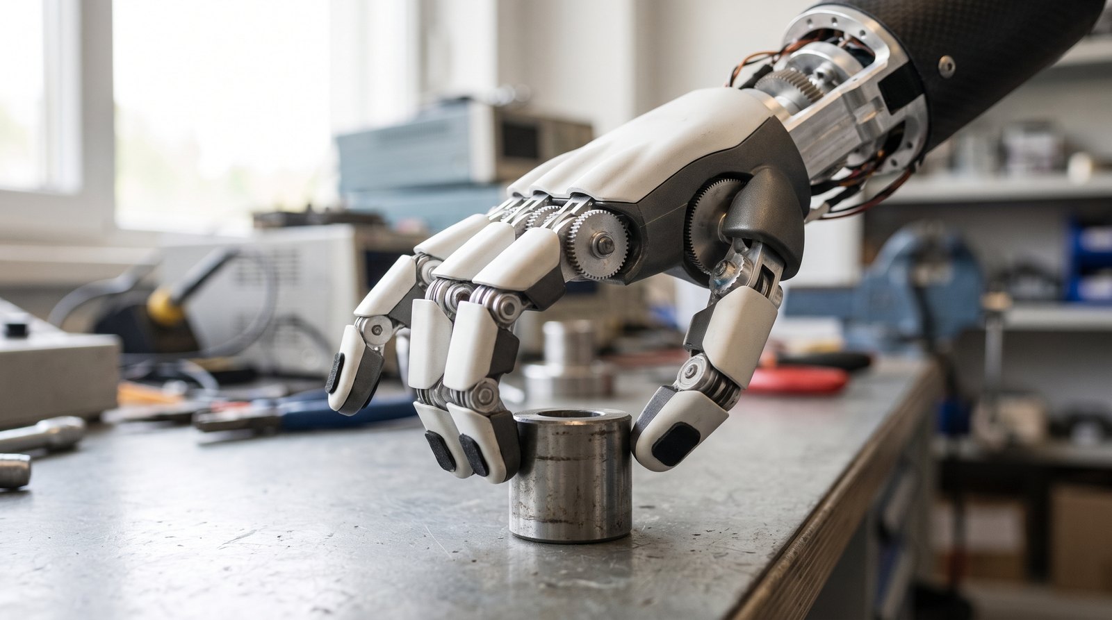 Nahaufnahme einer fünffingrigen Roboterhand mit sichtbarer Verkabelung und Präzisionsgetrieben, das teuerste Bauteil eines humanoiden Roboters