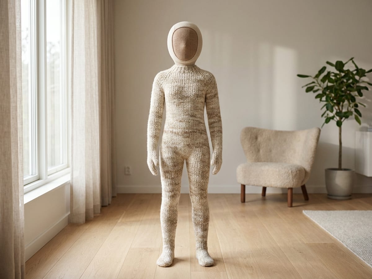 1X NEO humanoider Heimroboter mit Strickhülle in einem hellen Wohnzimmer, Ganzkörperansicht