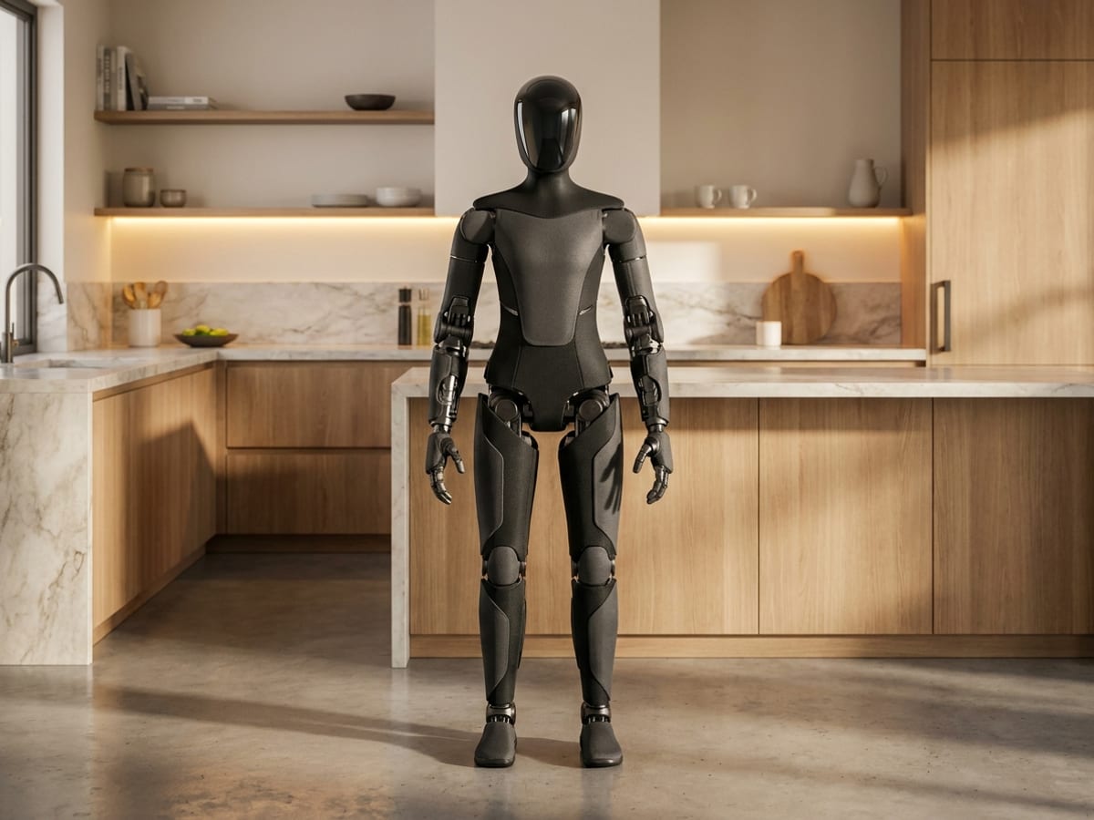 Figure 03 humanoider Roboter von Figure AI in einer modernen Küche, Ganzkörperansicht