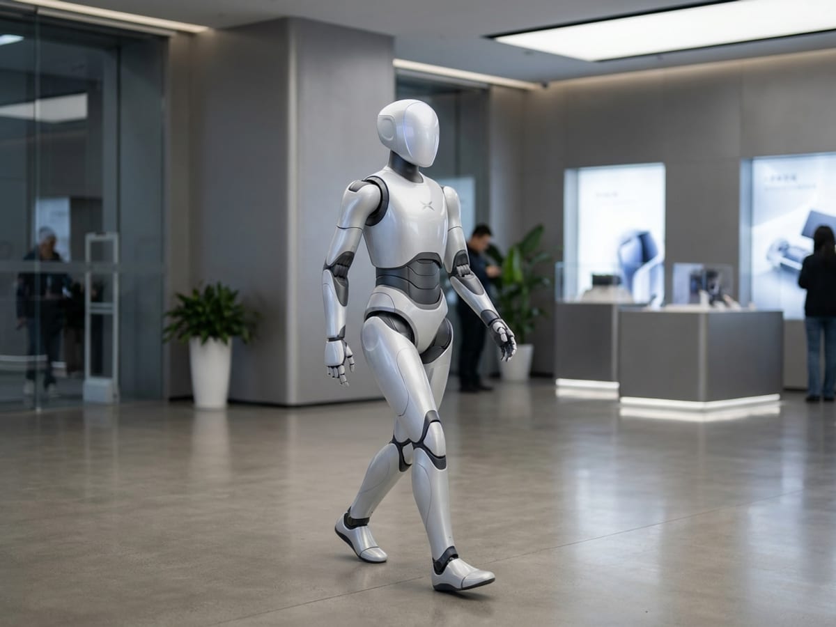 XPeng Iron humanoider Roboter in einem modernen Showroom, laufende Ganzkörperansicht