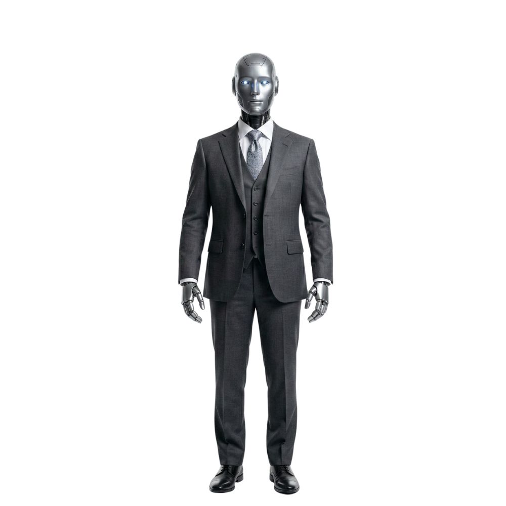 Humanoider Roboter im Anzug – Ganzkörperansicht frontal