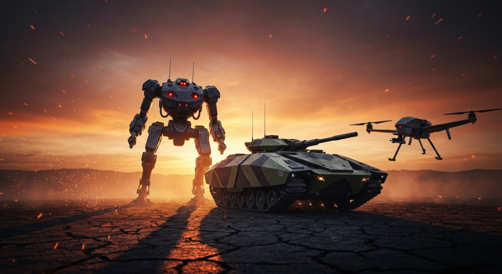 Futuristischer Kriegsroboter auf einem modernen Schlachtfeld im Einsatz