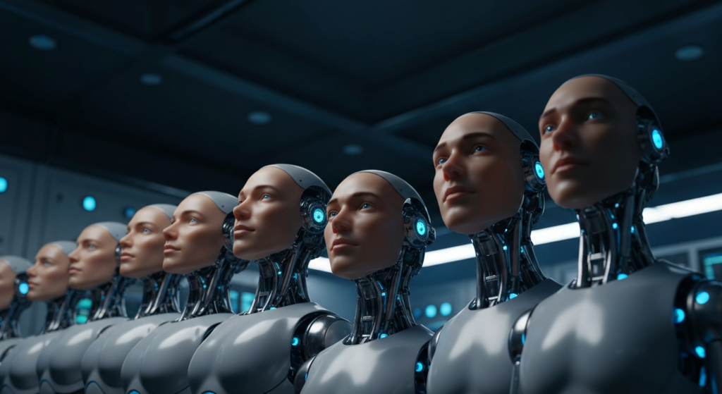 Menschlicher Roboter der Zukunft steht in modernem Labor und blickt voraus