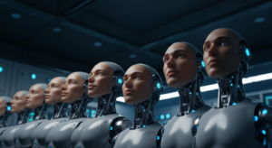 Menschlicher Roboter der Zukunft steht in modernem Labor und blickt voraus