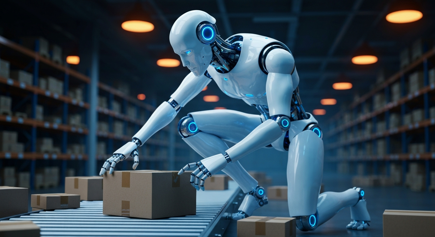 Physical AI Roboter interagiert aktiv mit physischer Welt in moderner Umgebung