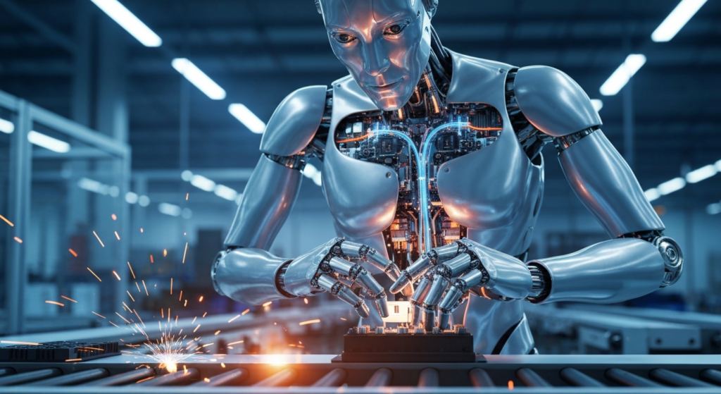 Humanoider Roboter mit Physical AI navigiert eigenständig durch moderne Industrieumgebung