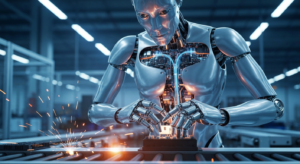 Humanoider Roboter mit Physical AI navigiert eigenständig durch moderne Industrieumgebung