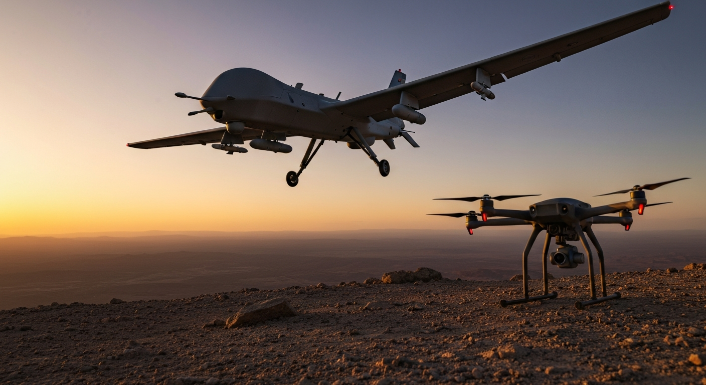Militärdrohne im Einsatz als Roboter im Krieg über Konfliktgebiet