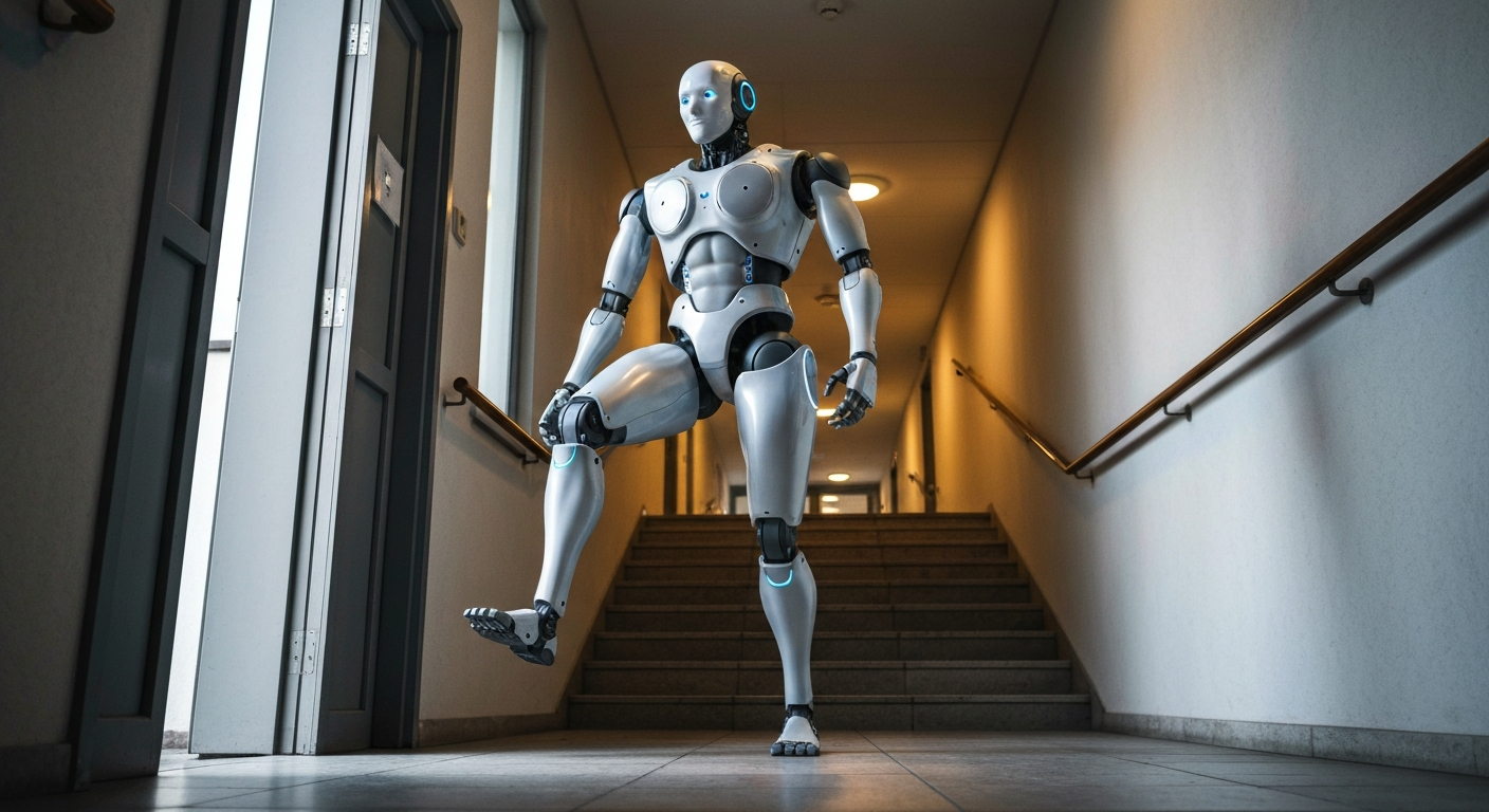 Humanoider Roboter 2026 mit Torso, Armen und KI-Sensoren in moderner Umgebung