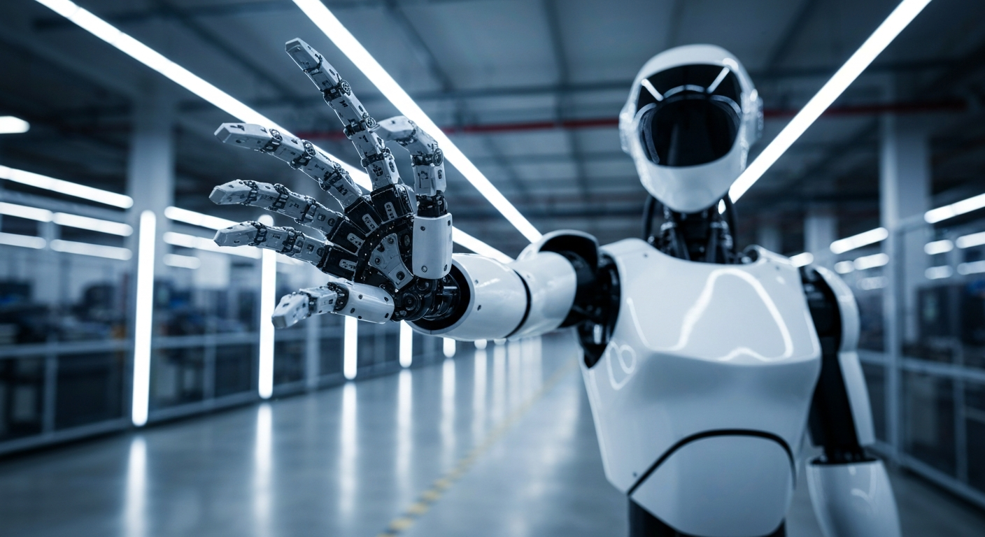 Tesla Optimus Gen 3 humanoider Roboter bei Arbeitsaufgabe in Nahaufnahme