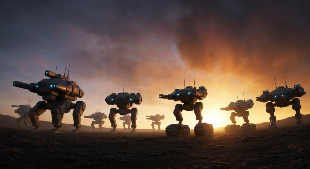 Futuristischer Kriegsroboter im Einsatz auf modernem Schlachtfeld 2026